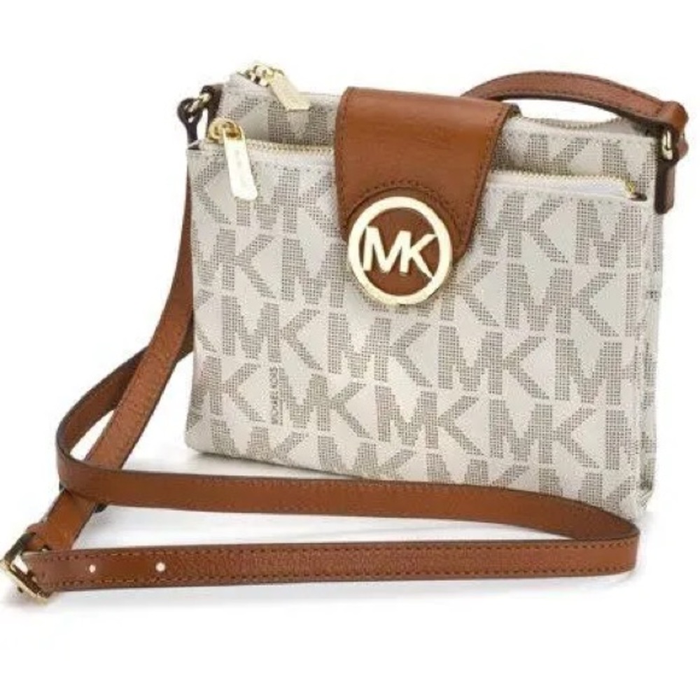 Michael Kors Ivory and Tan Fulton Crossbody Bag